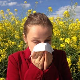 woman sneezing into tissue