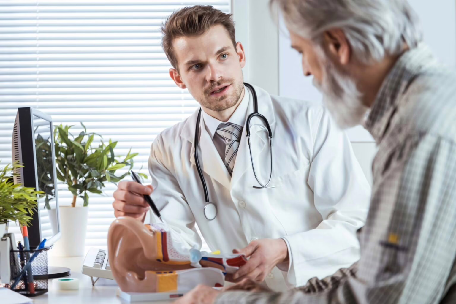 tinnitus-evaluation-education Audiologist uses ear model to educate patient on tinnitus