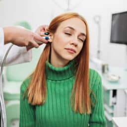 Woman receives ear exam