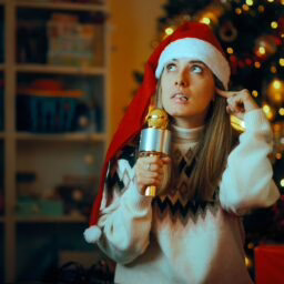 Woman in a santa hat surrounded by presents plugging her ears from noise