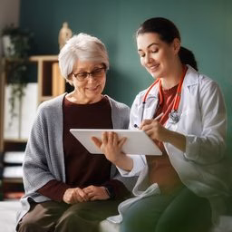 Patient looking at a chart with her doctor.